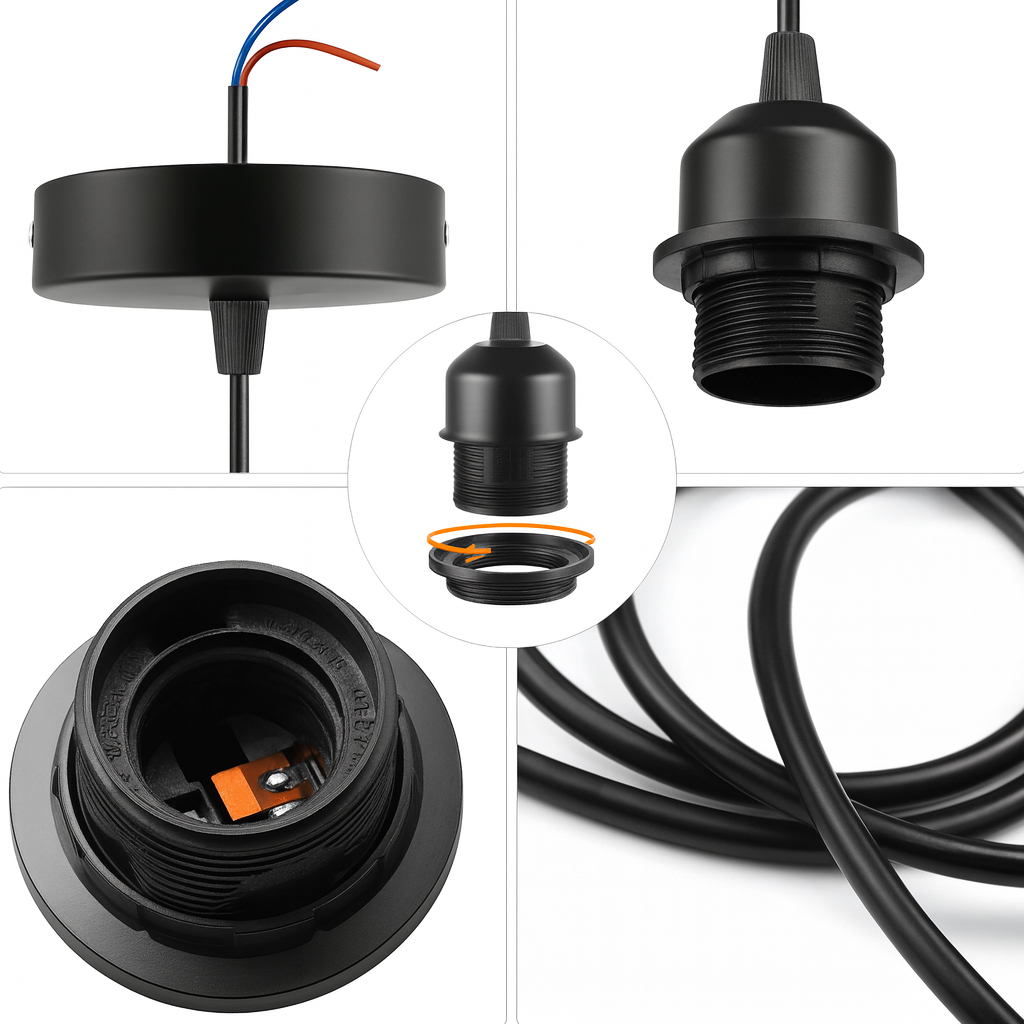 E27 light bulb holder with black cable and ceiling mount plate