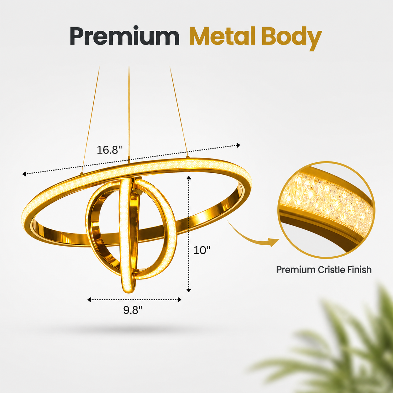 Gold pendant with measurements and text about premium metal body and crystal finish on a white background.