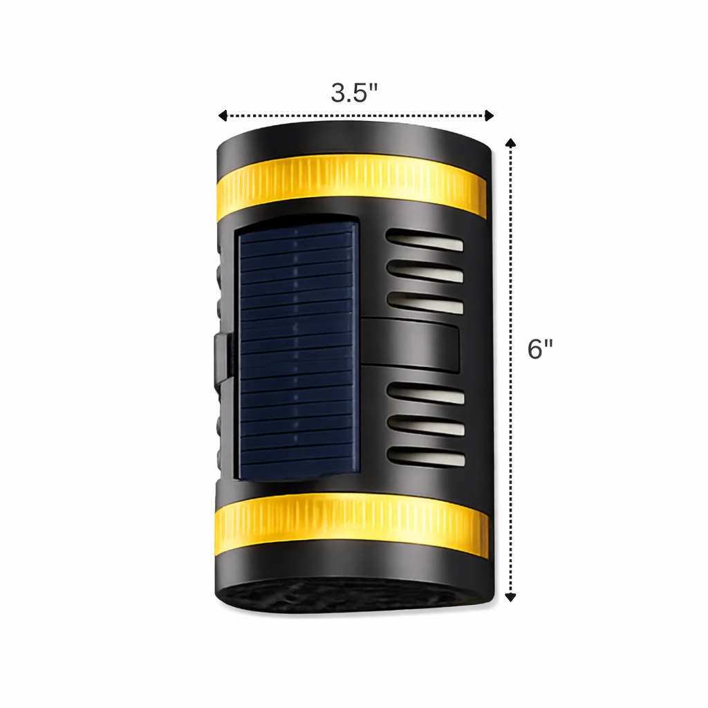 Black and yellow cylindrical device with dimensions indicated on a white background