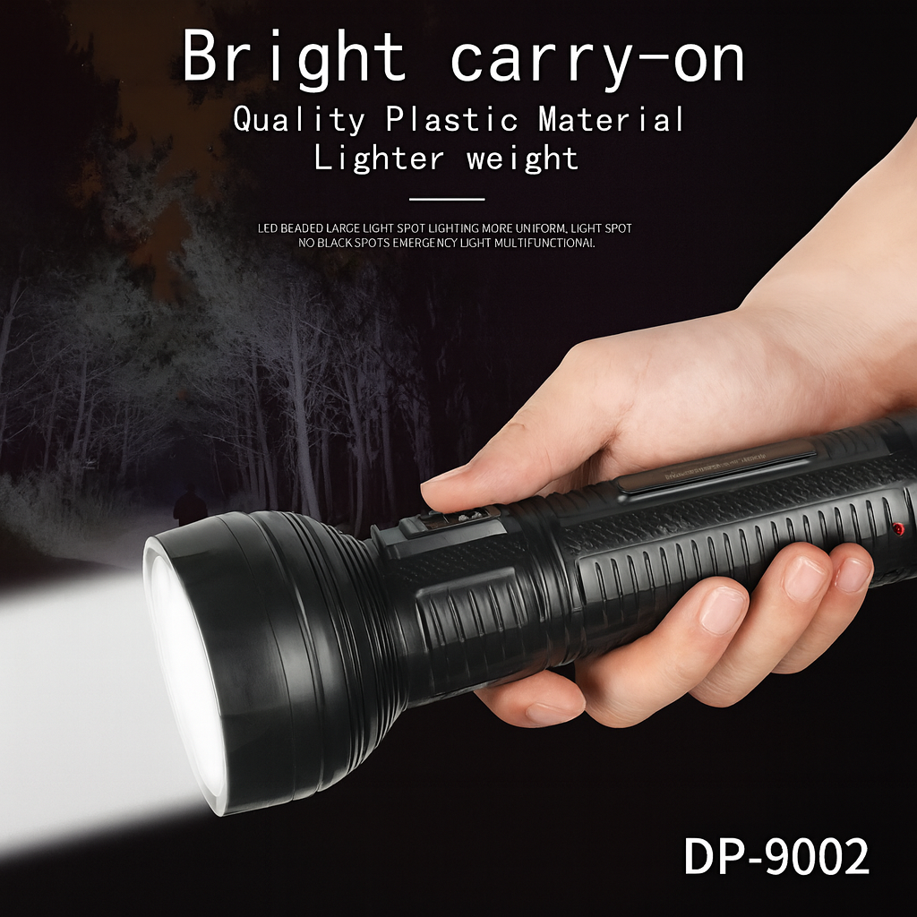 Hand holding a flashlight with text describing its features and model number DP-9002.