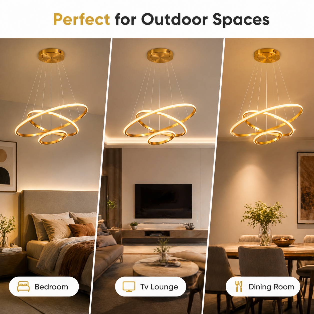 Modern ceiling light fixture shown in a bedroom, TV lounge, and dining room setting.