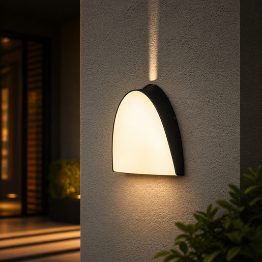 Modern outdoor wall light fixture on a textured wall with a blurred background