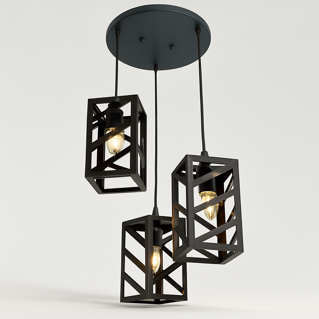 Three black geometric pendant lights on a light gray background