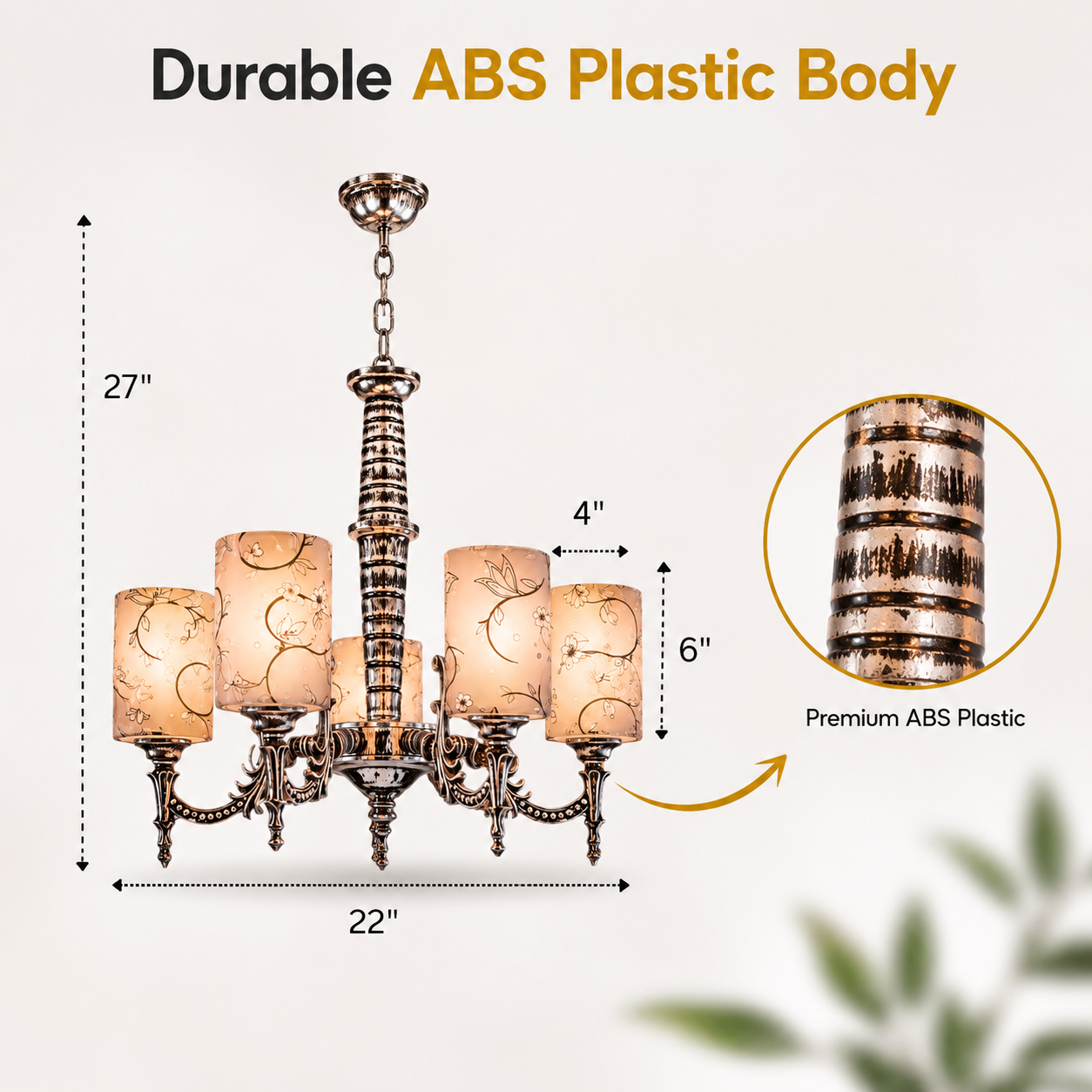 Chandelier with dimensions and premium ABS plastic feature highlighted