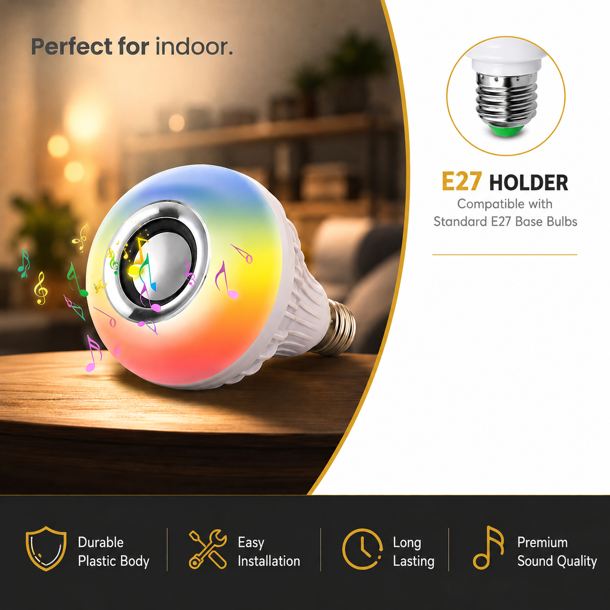 Colorful smart light bulb with speaker on a wooden surface, surrounded by musical notes.