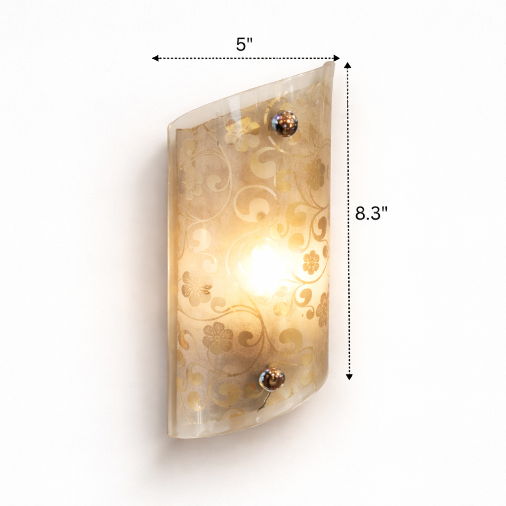 Decorative wall sconce with floral patterns and measurements on a white background
