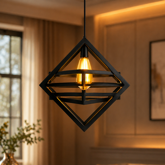 Modern black pendant light hanging in a room with warm lighting