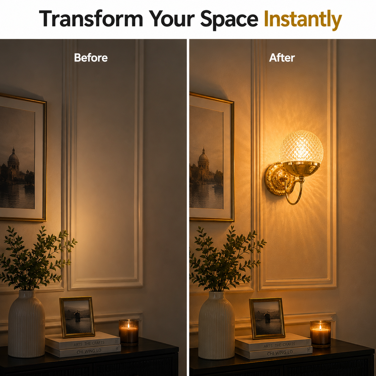 Before and after comparison of a wall sconce installation in a room.