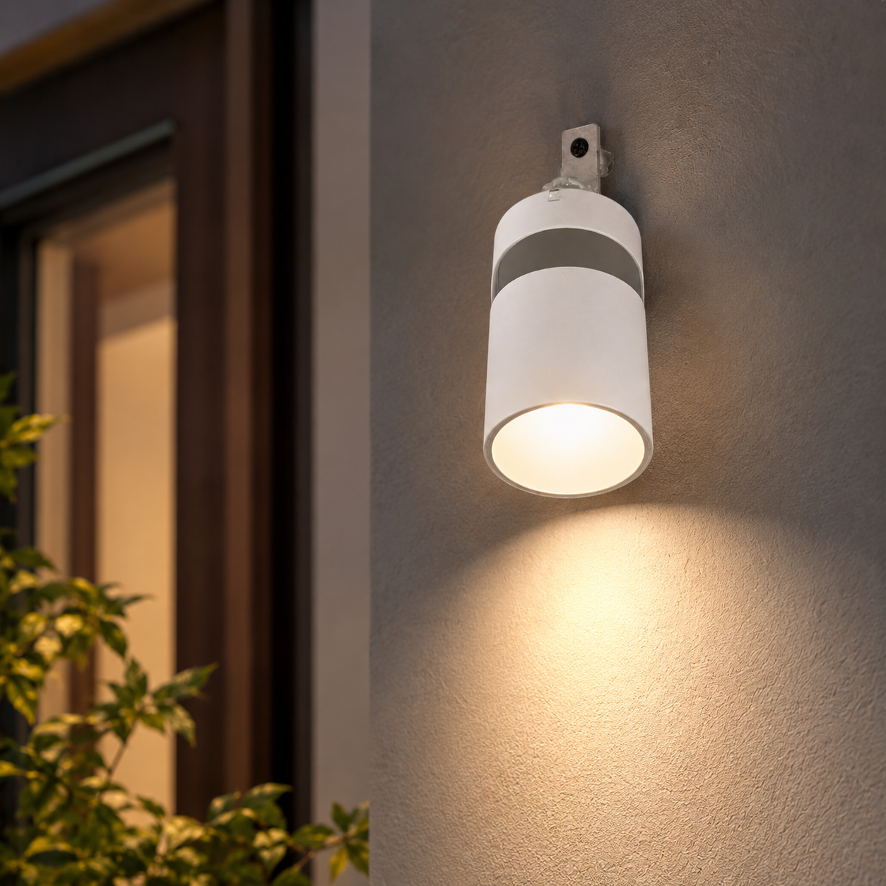 White outdoor wall light fixture on a building exterior with warm glow