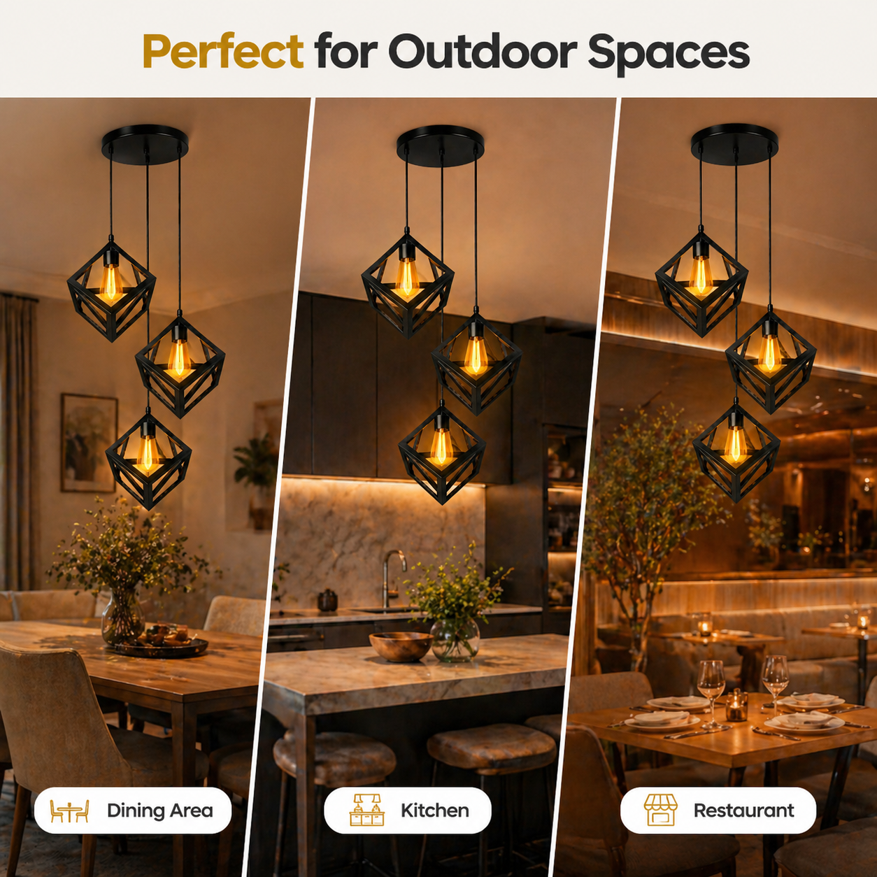 Collage of pendant lights in different settings labeled for dining area, kitchen, and restaurant.