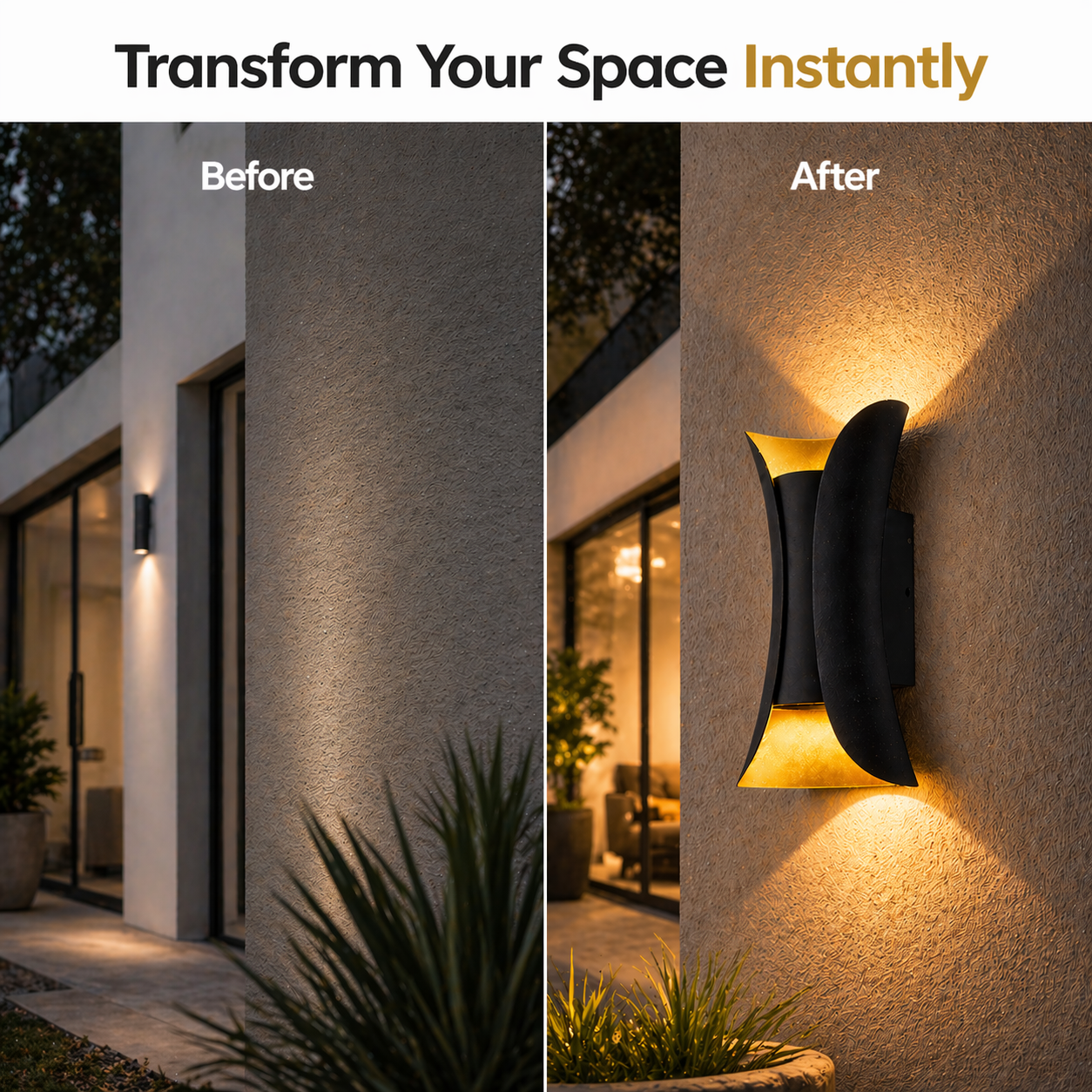 Outdoor wall light fixture transformation before and after on a building exterior.