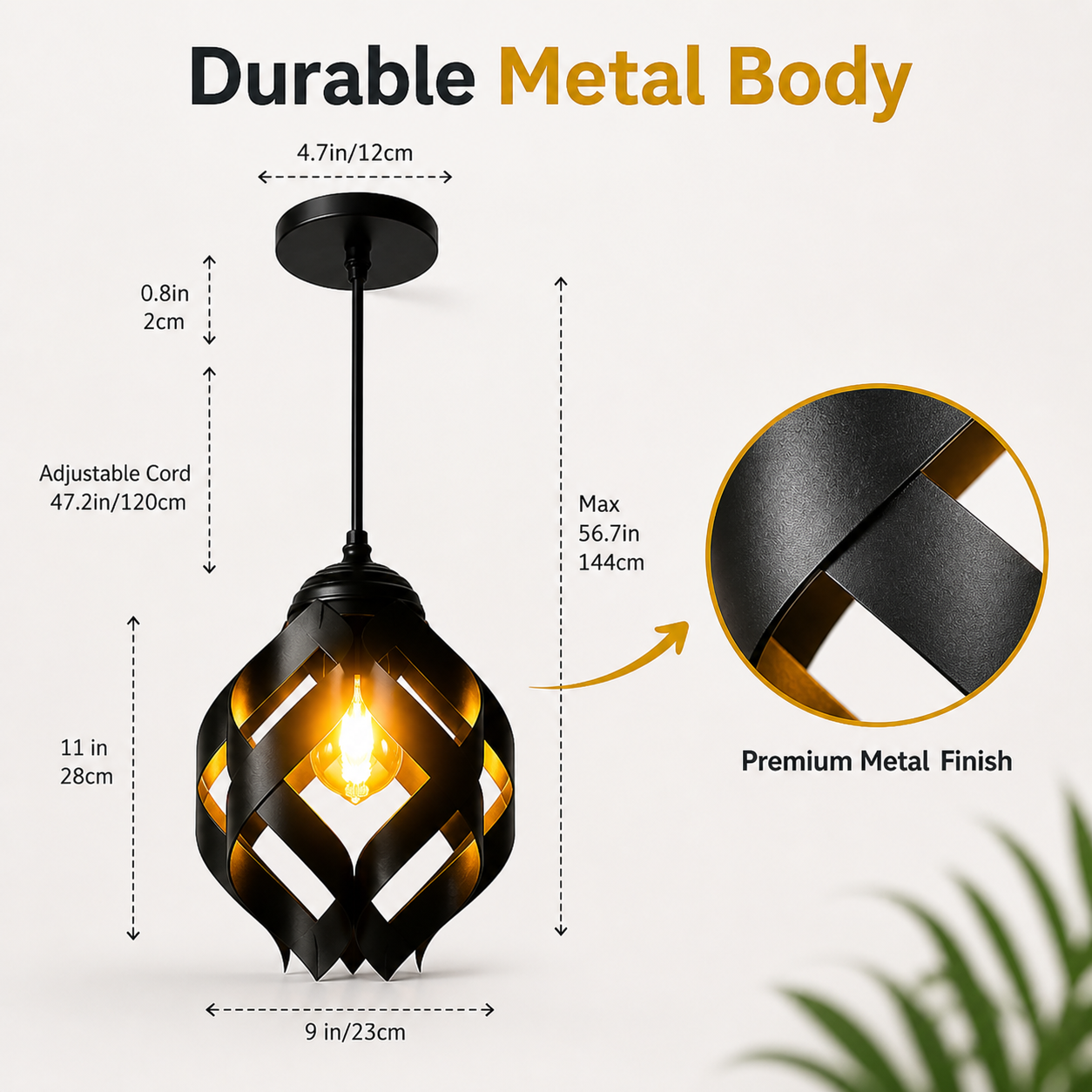 Black pendant light with measurements and details on a white background