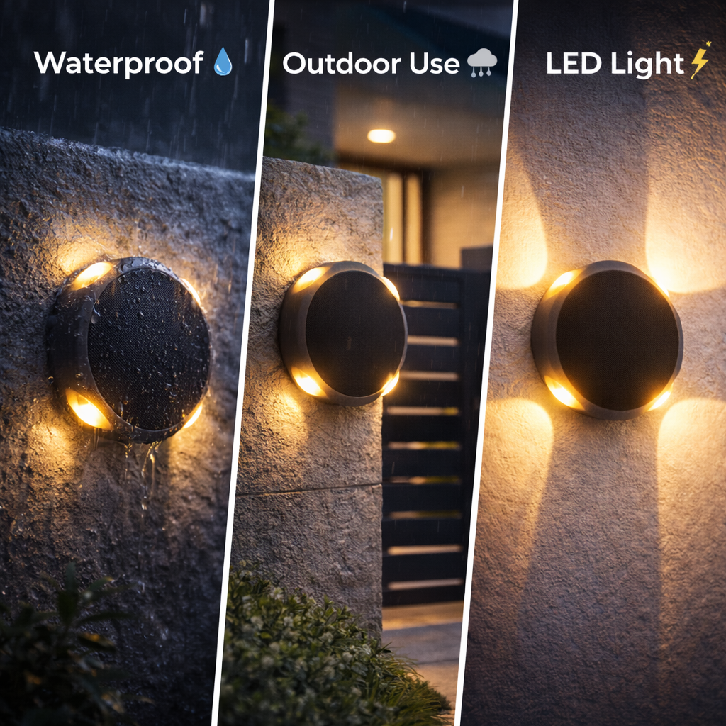 Outdoor wall light fixture with waterproof, outdoor use, and LED light features.