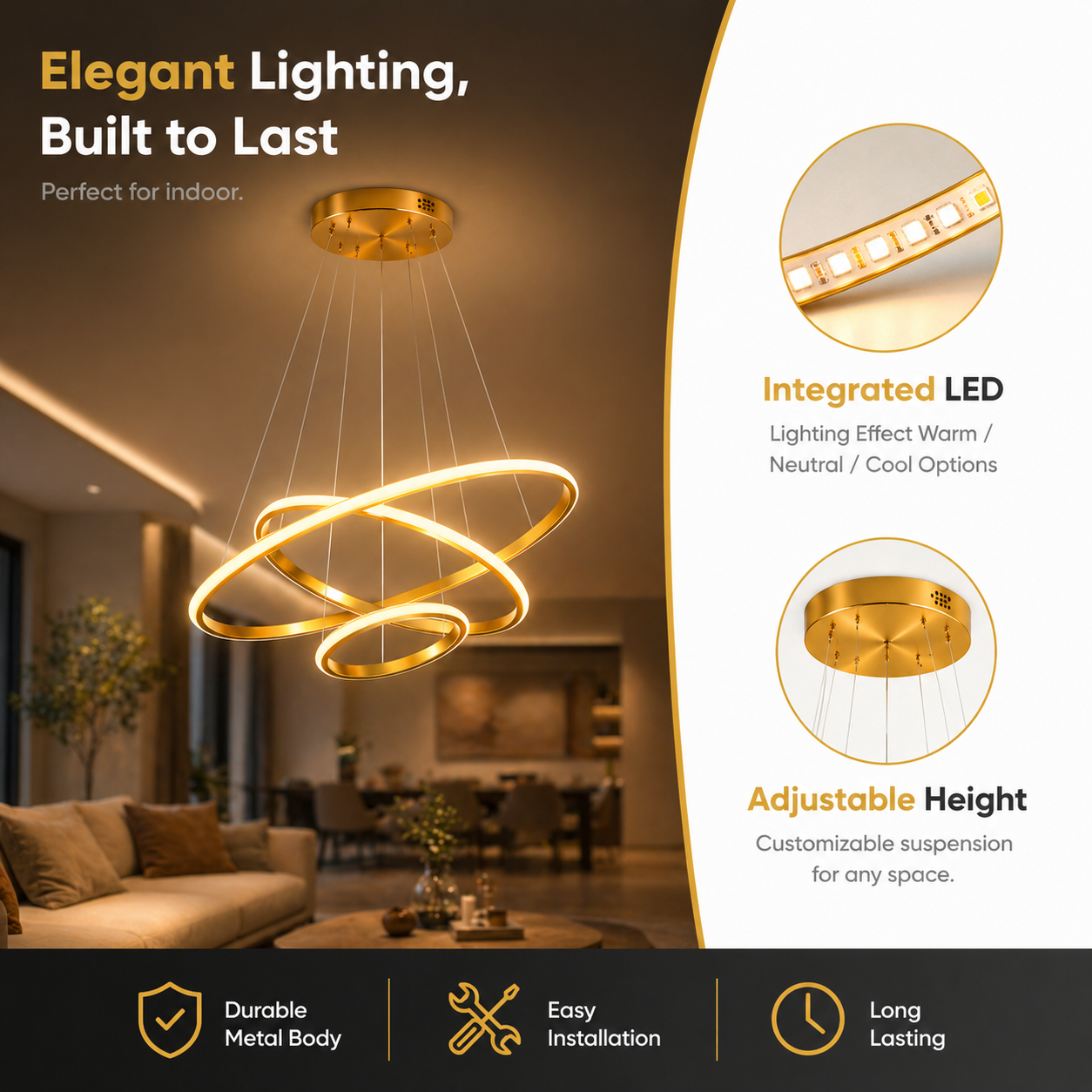 Gold pendant light fixture with lifestyle background in a living room, featuring text on product features.