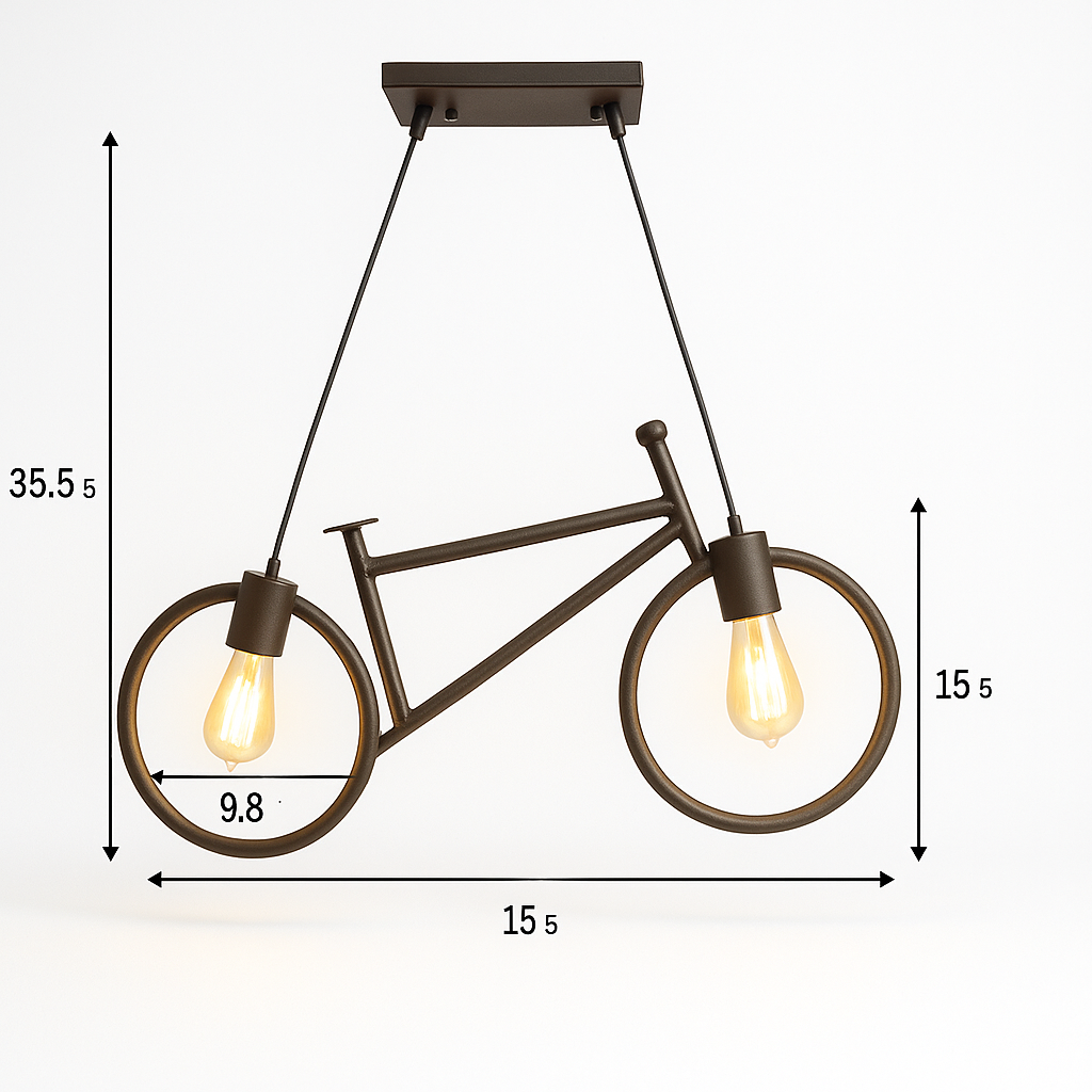 Bicycle-shaped pendant light with dimensions on a white background