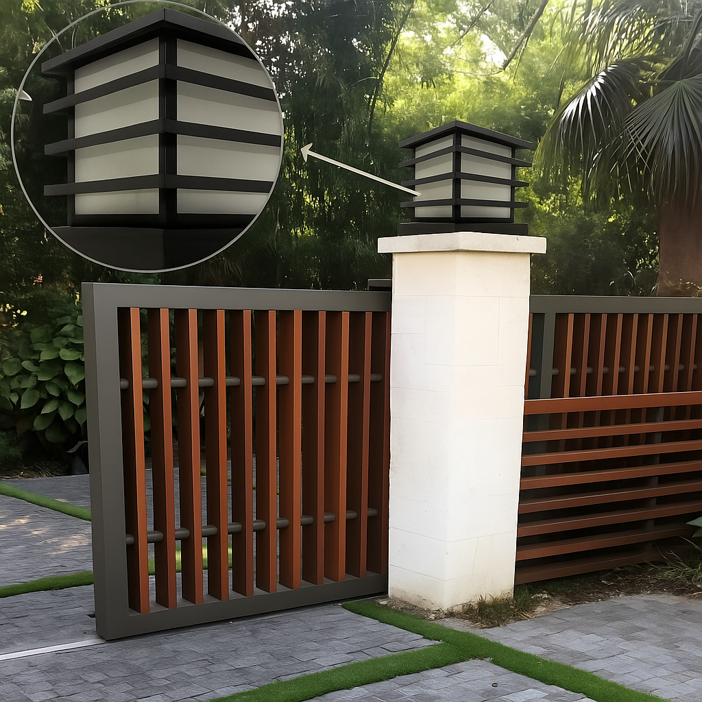 Decorative outdoor light fixture on a white column with a wooden fence and greenery in the background.