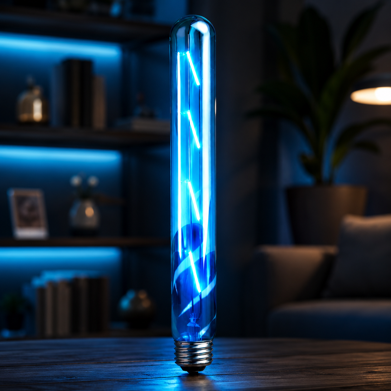 Neon light bulb on a wooden surface with a blurred background
