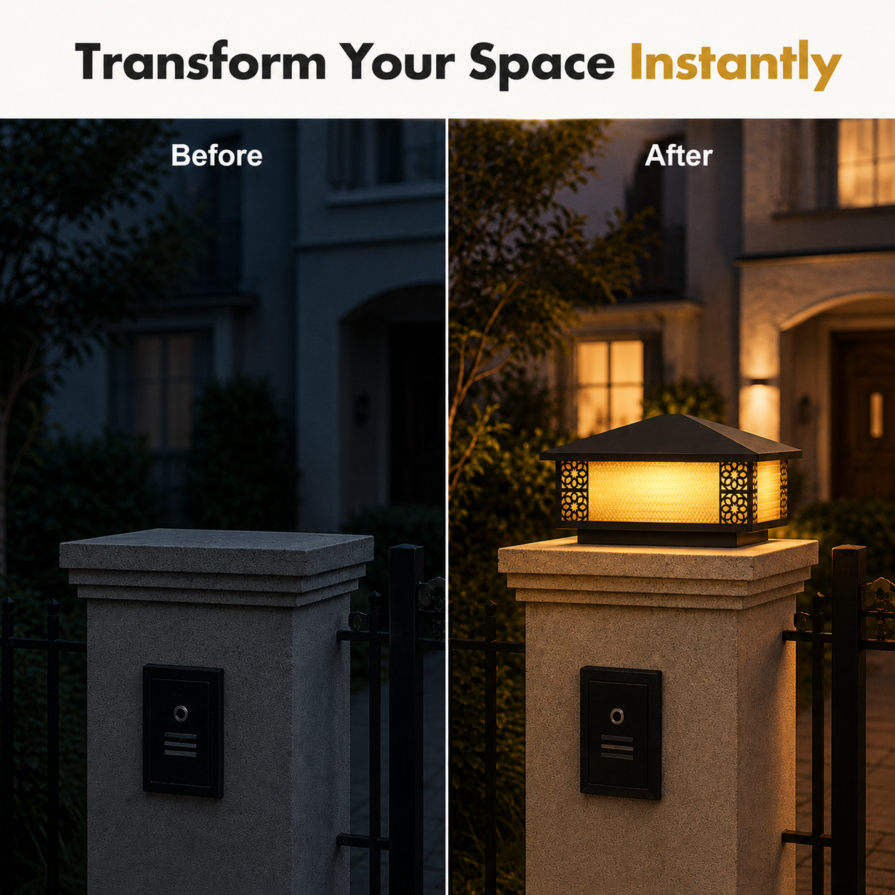 Before and after comparison of a garden light fixture on a post.