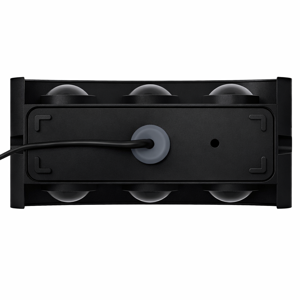 Black electronic device with a cable on a white background