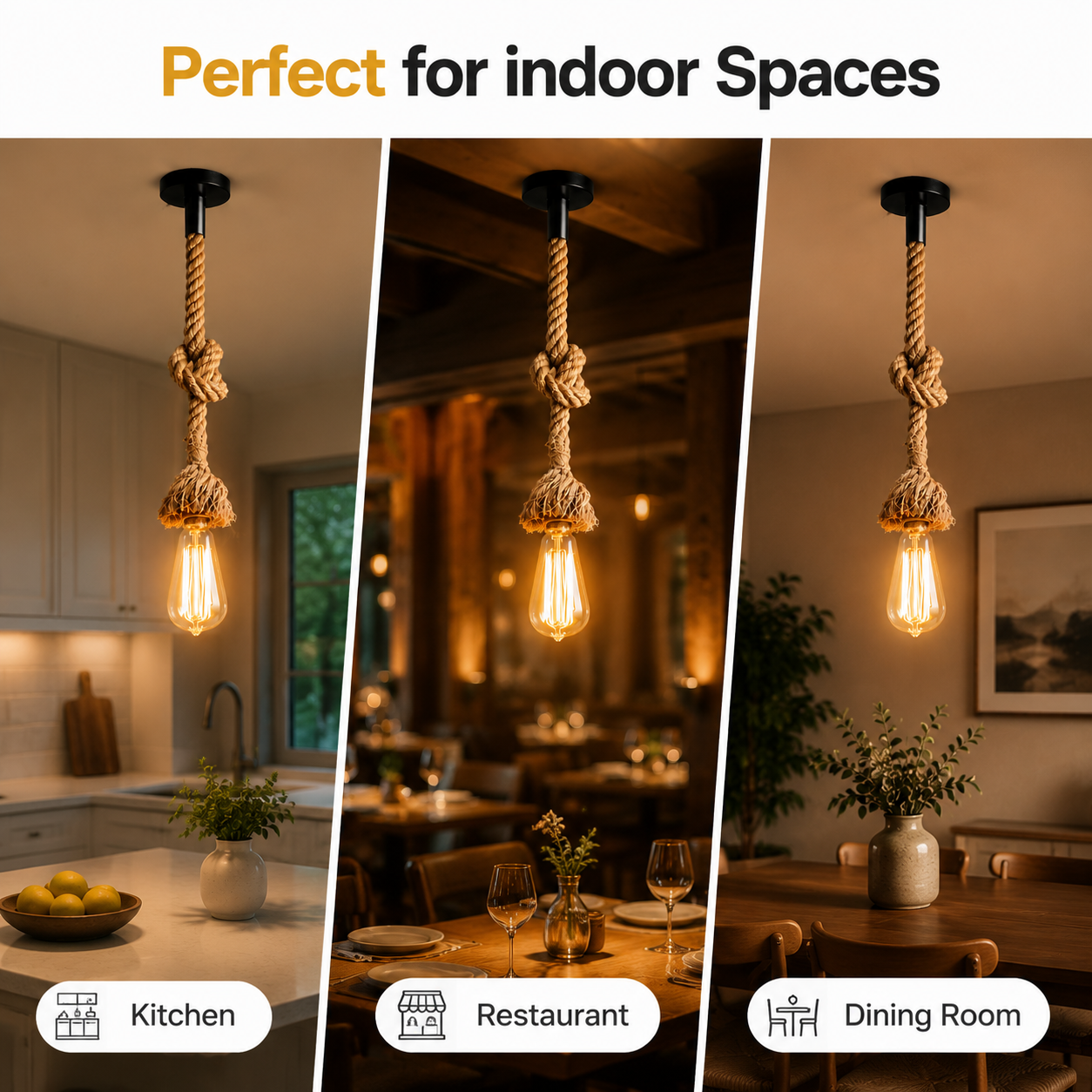 "Cozy kitchen scene featuring warm ambient lighting from rope pendant."