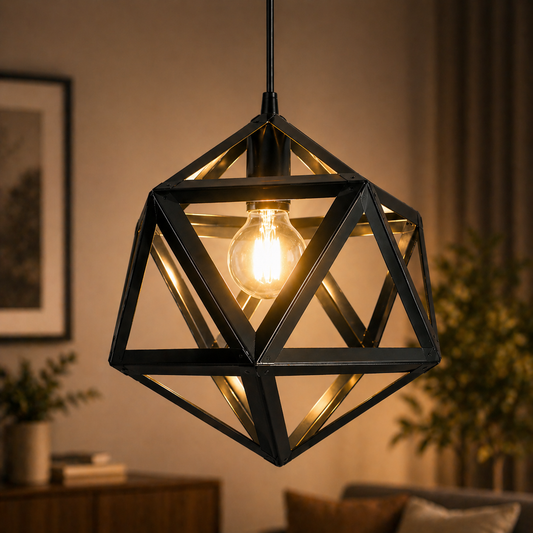 Geometric black pendant light in a room with plants and a blurred background