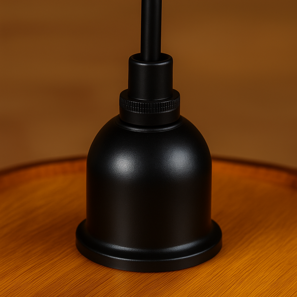 Black lampshade on a wooden surface with a brown background