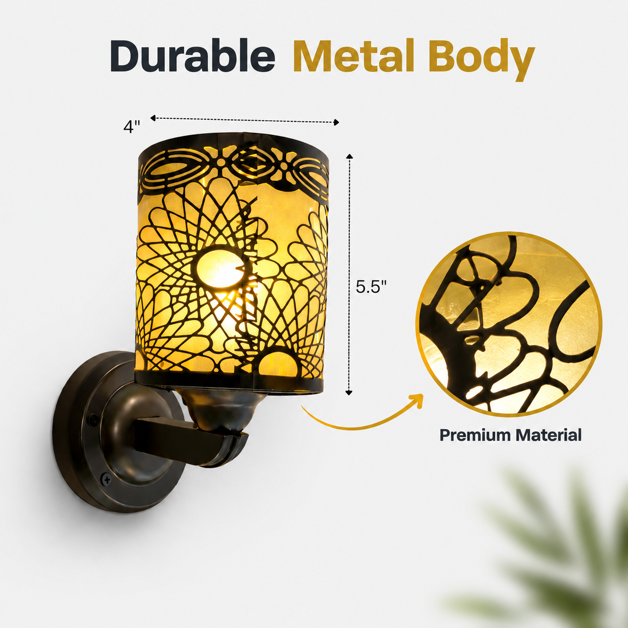 Wall-mounted decorative light with durable metal body and premium material feature on a white background.