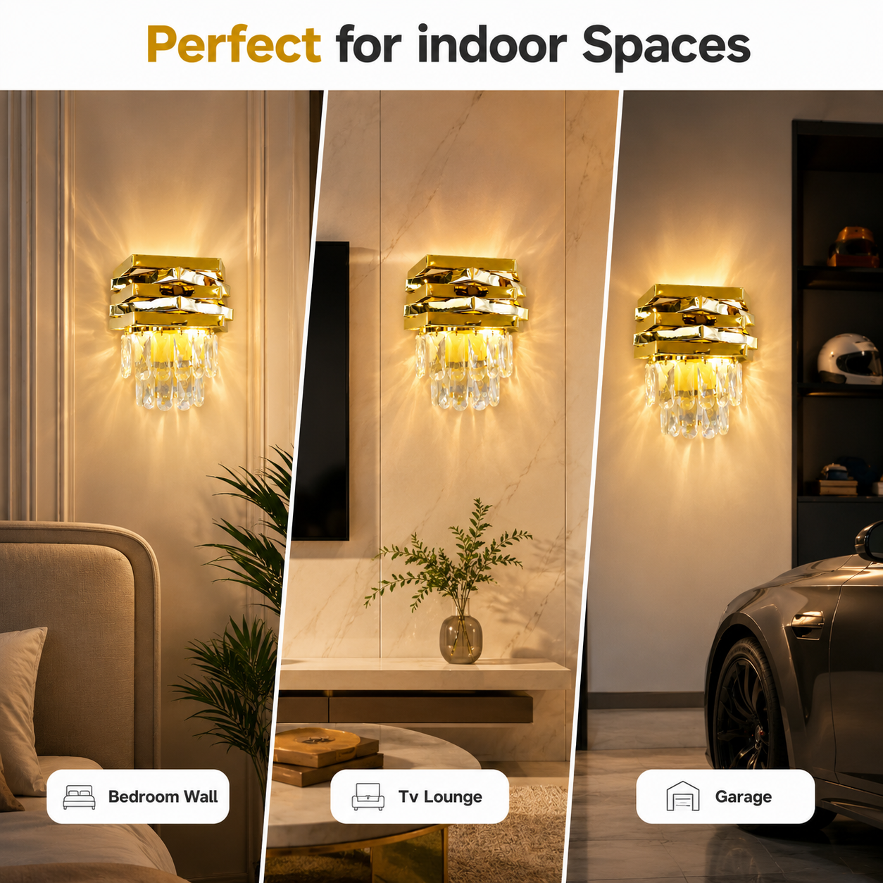 Gold wall sconces in various indoor settings with text 'Perfect for indoor Spaces'.