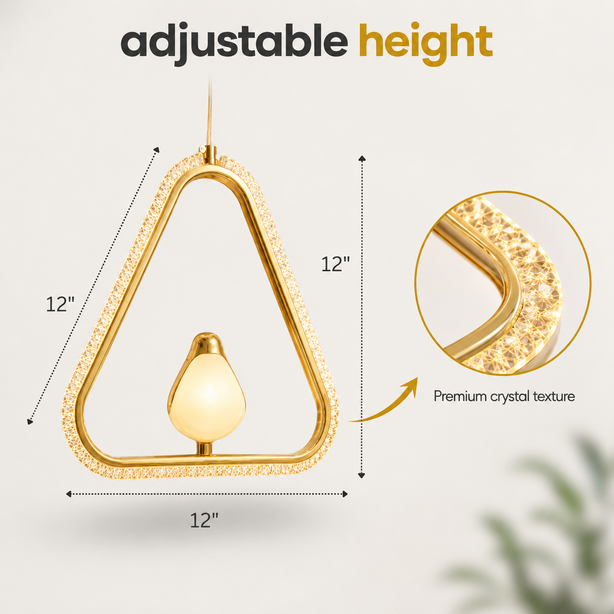 Gold pendant light with adjustable height feature on a white background