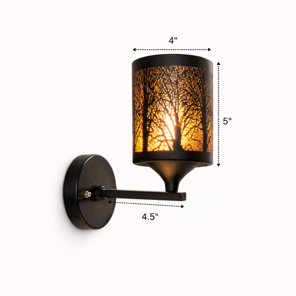 Wall-mounted light fixture with decorative glass shade and dimensions indicated.