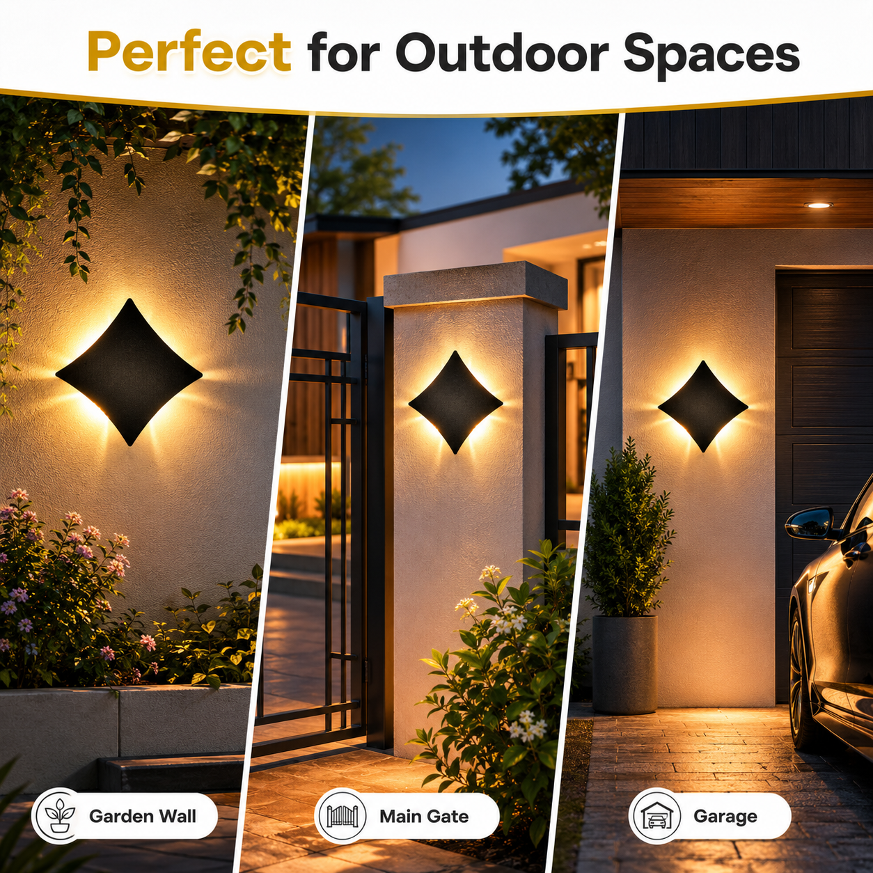 Collage of outdoor wall lights in garden, main gate, and garage settings with text 'Perfect for Outdoor Spaces'.