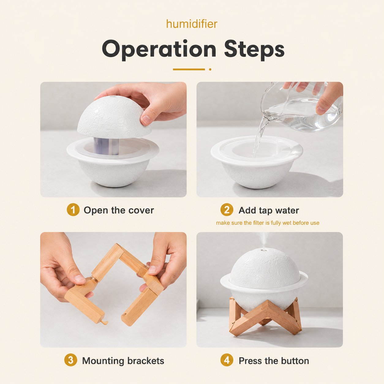 Step-by-step guide on how to operate a humidifier with text labels.