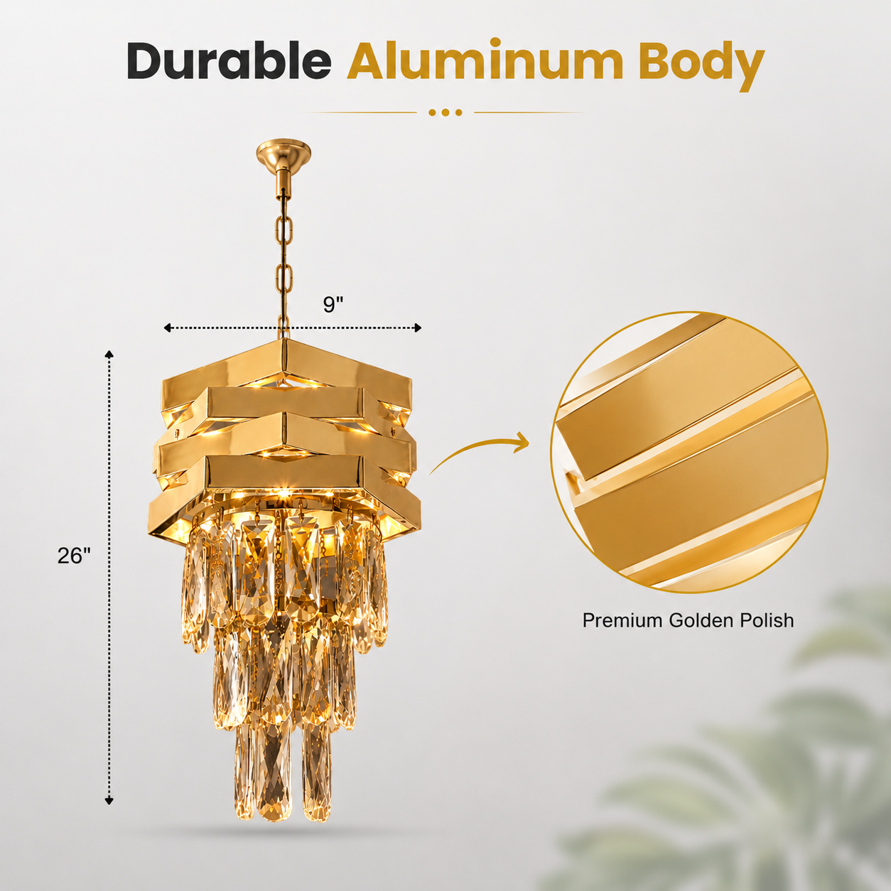 Gold chandelier with durable aluminum body and premium golden polish on a light gray background.