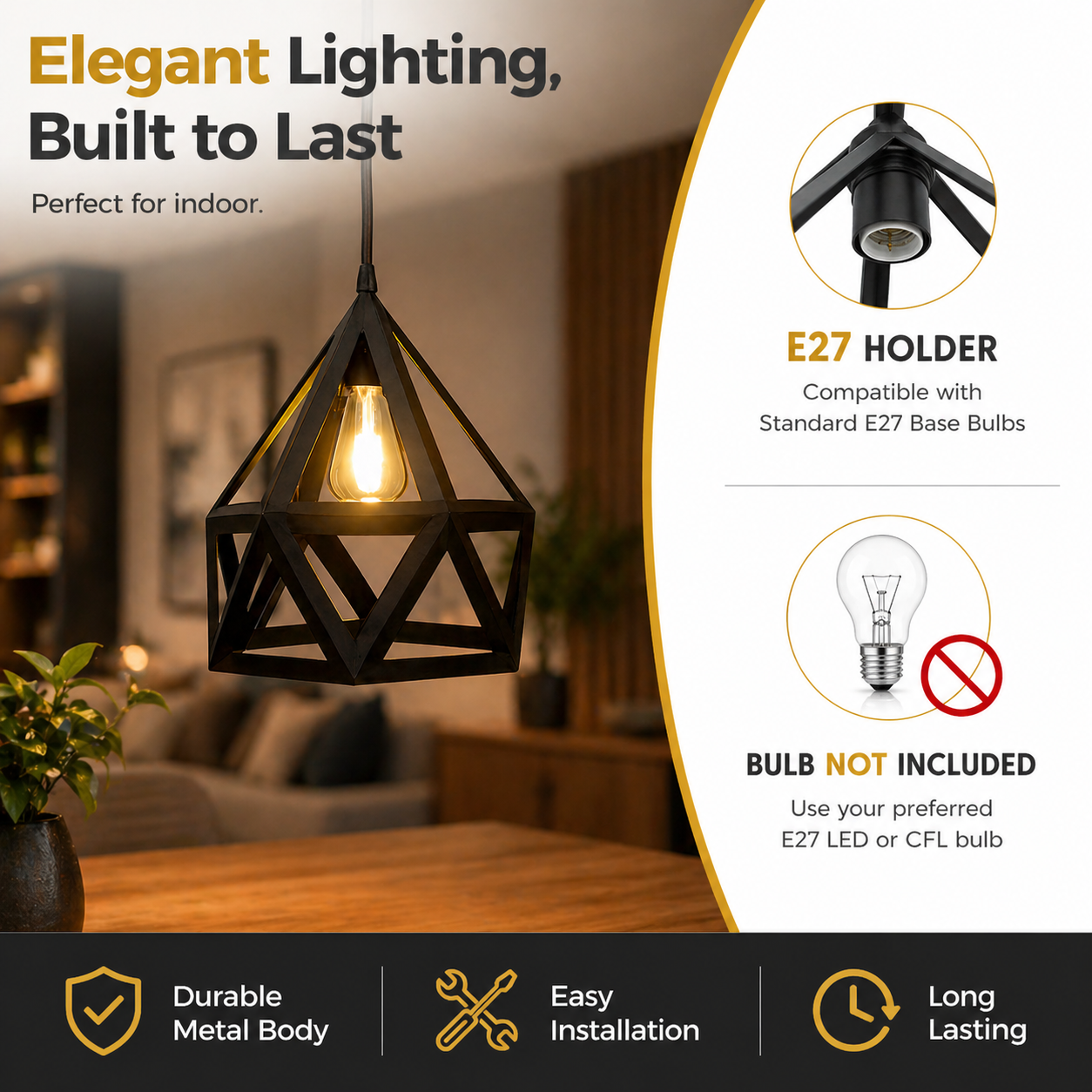 Modern pendant light with E27 holder and bulb not included text, set against a blurred indoor background.