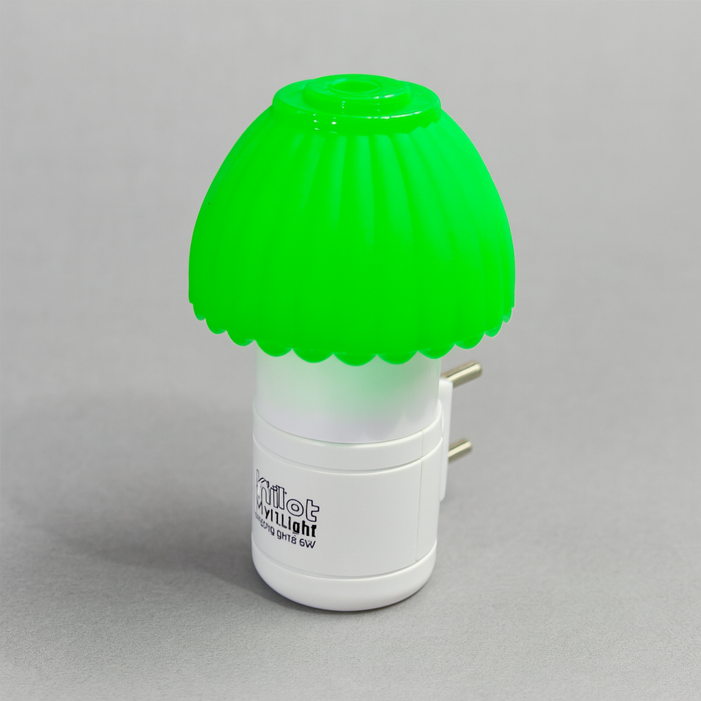 Green mushroom-shaped night light on a gray background