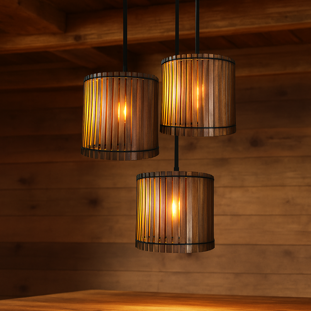 Handcrafted wooden chandelier with natural brown finish.