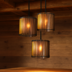 Handcrafted wooden chandelier with natural brown finish.