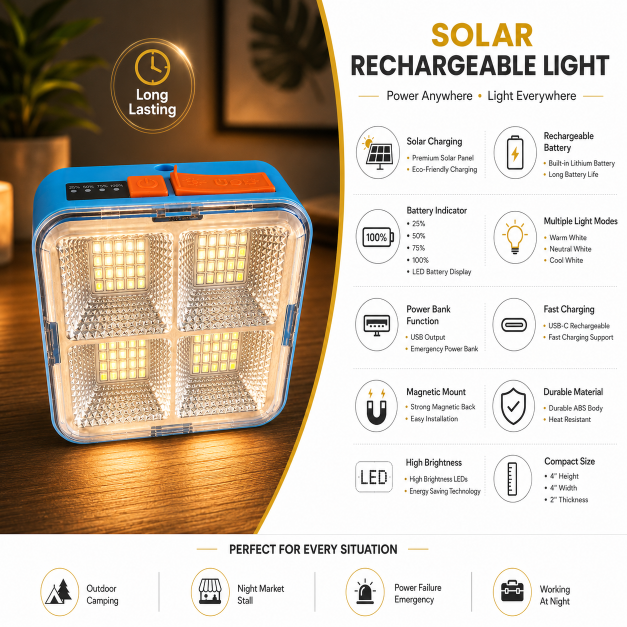Solar rechargeable light with features listed on a white background