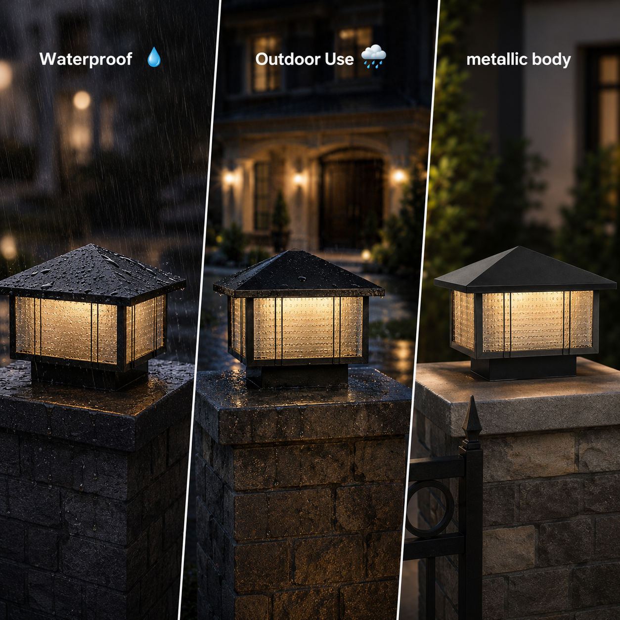 Outdoor light fixture on a stone pillar with rain, weather, and metallic body text overlay.