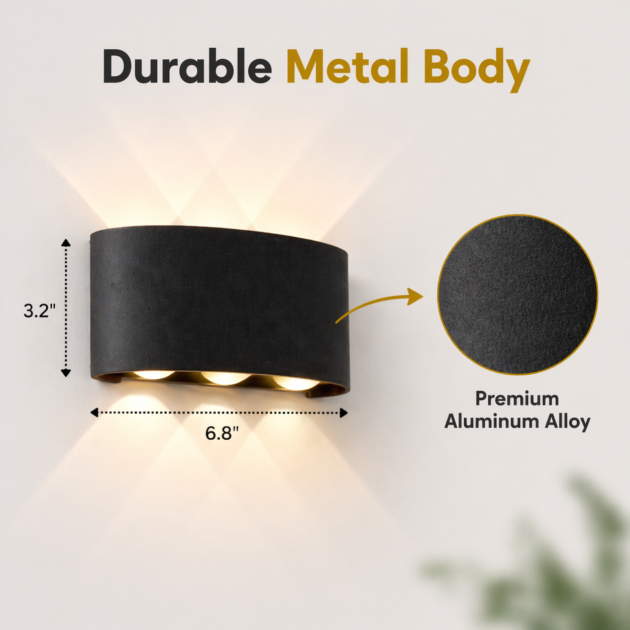 Black wall light fixture with measurements and text highlighting durable metal body.