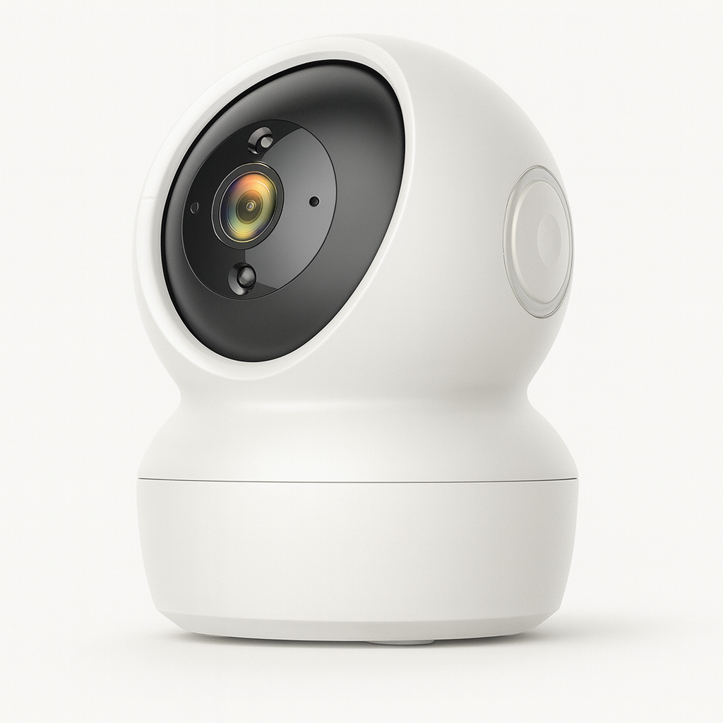 “Smart Wi-Fi indoor security camera with 360-degree pan-tilt rotation.”