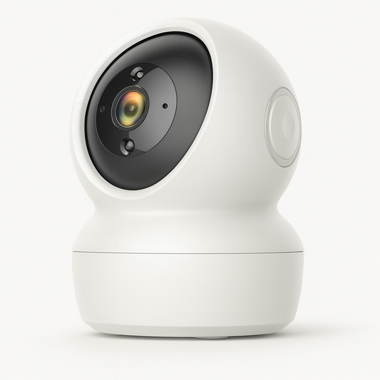 “Smart Wi-Fi indoor security camera with 360-degree pan-tilt rotation.”