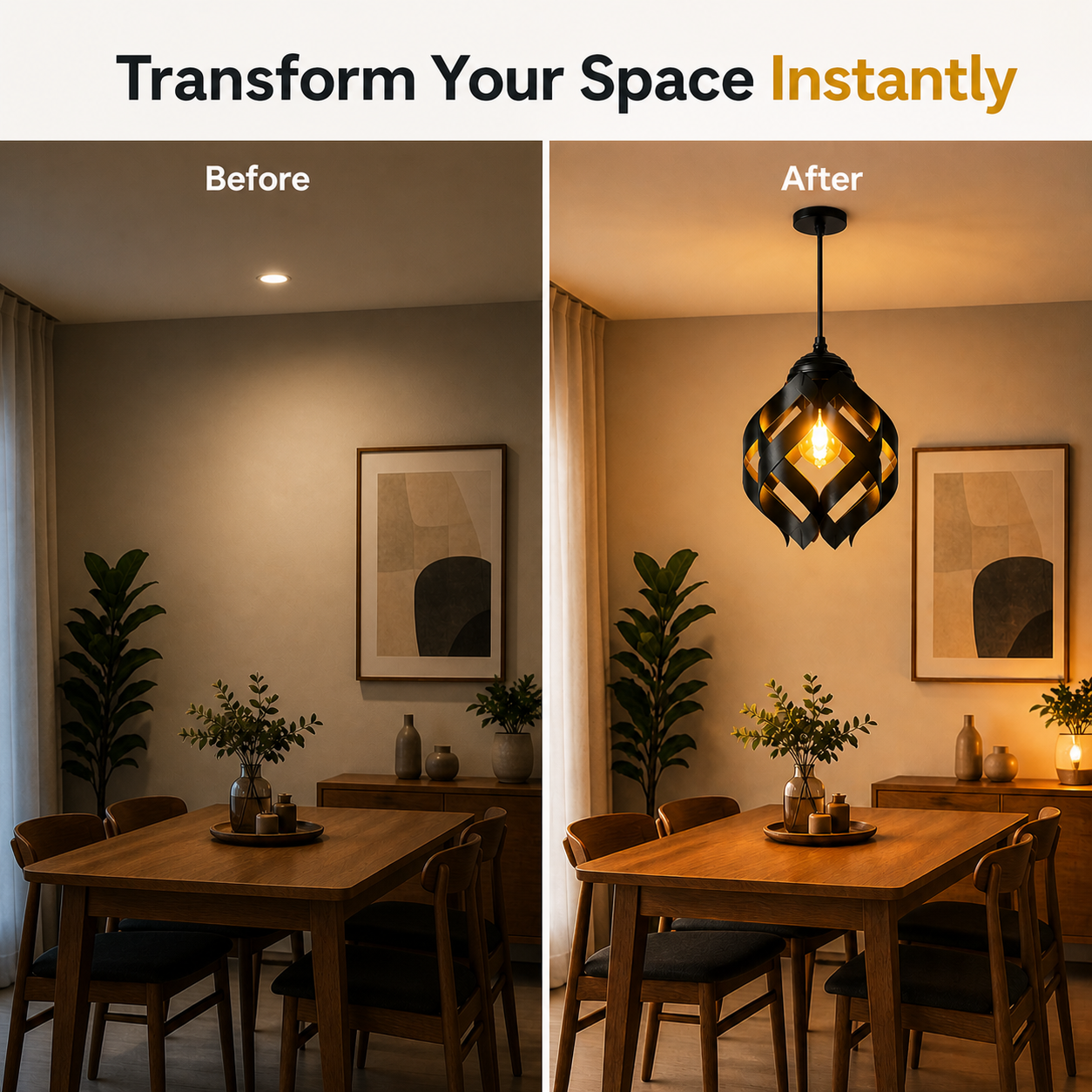 Pendant lamp installed above dining table with warm ambient lighting
