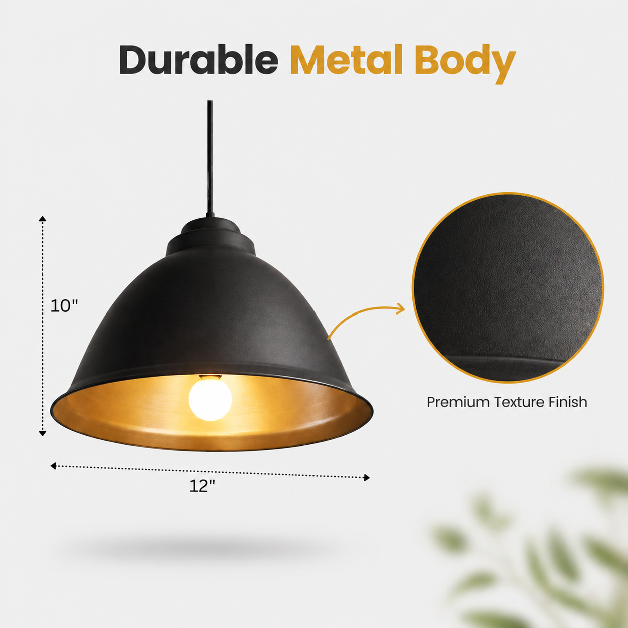 Black pendant light with gold interior, dimensions, and texture finish details on a white background.
