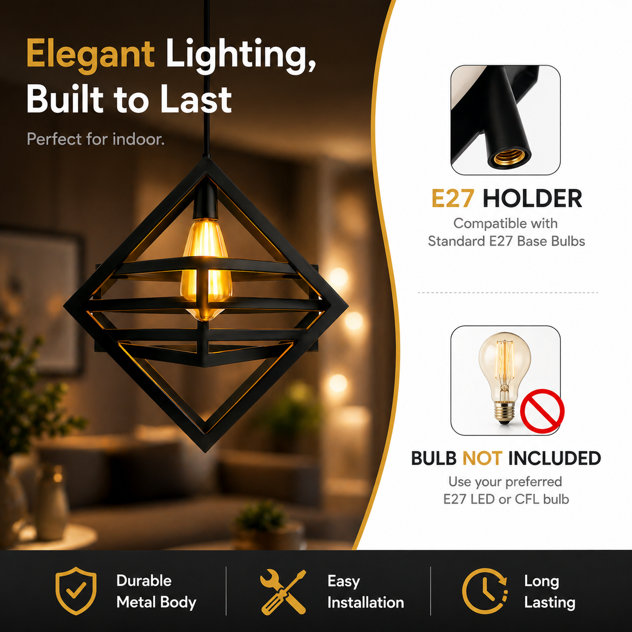 Decorative pendant light with E27 holder and bulb compatibility information.