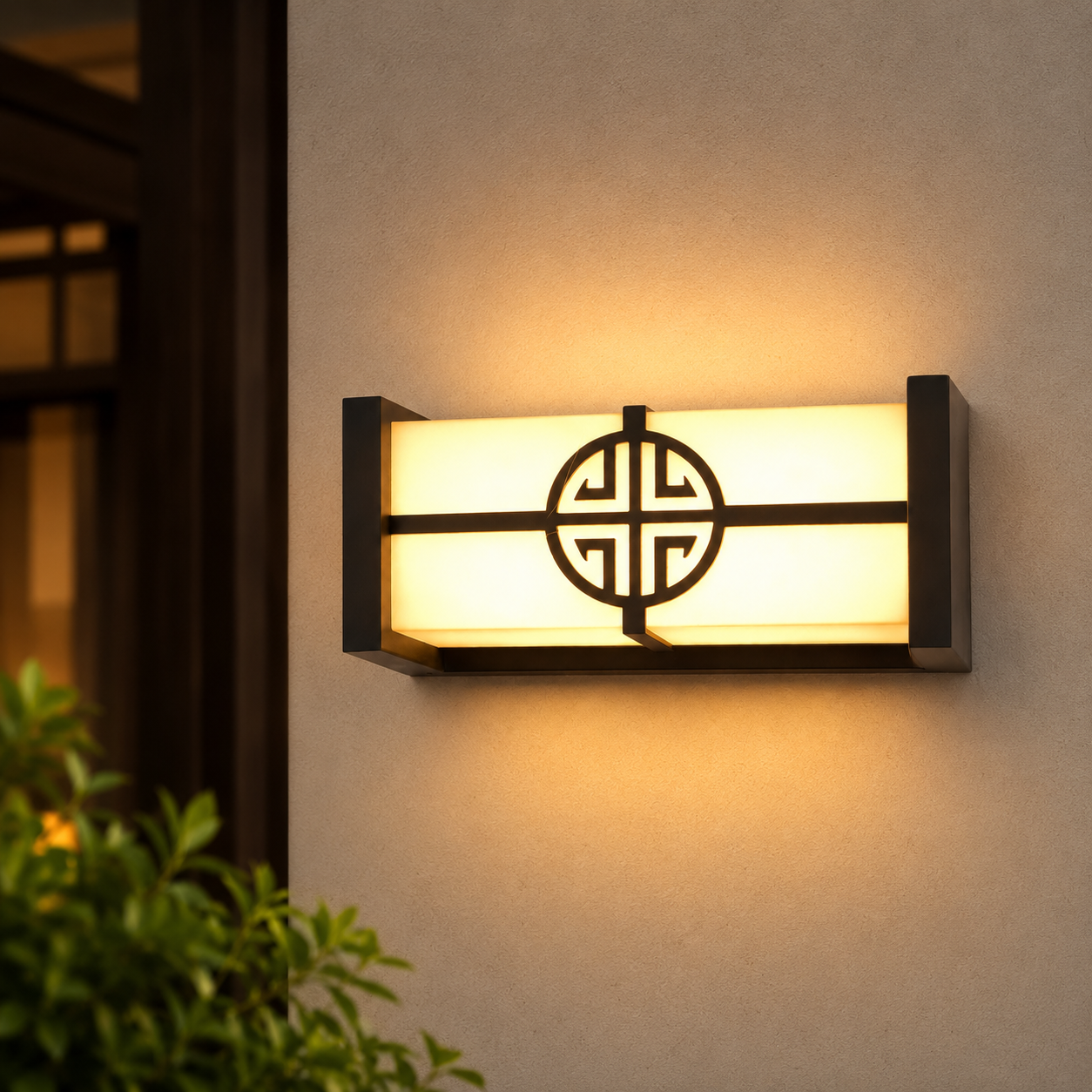 Decorative wall light fixture with a traditional symbol on a wall.