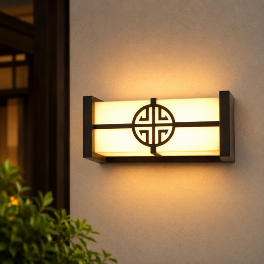 Decorative wall light fixture with a traditional symbol on a wall.