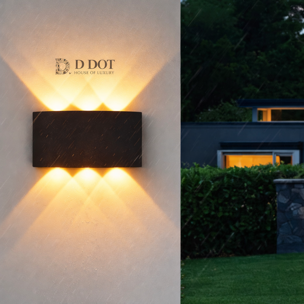 Outdoor wall light fixture on a building exterior with 'D DOT' branding, and a nighttime scene of a house with lights on.