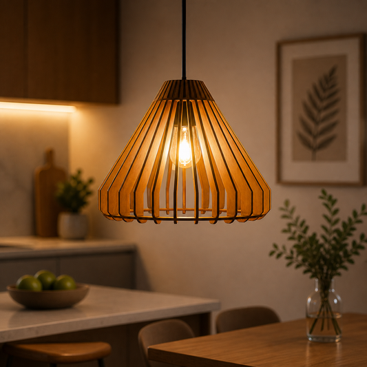 wooden pendant light glowing warmly in modern kitchen interior