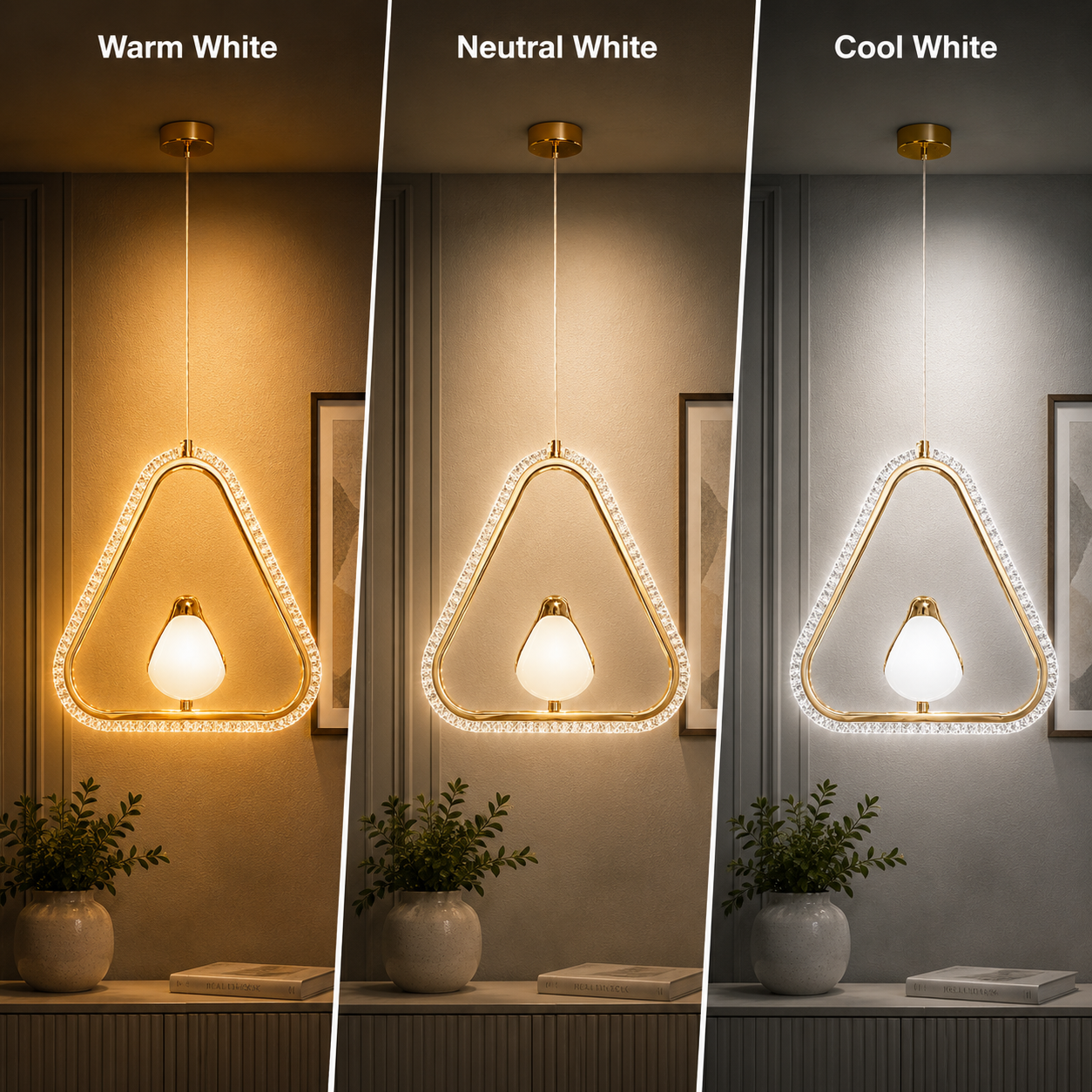 Triangular pendant light emitting warm, neutral, and cool white light in a room setting.